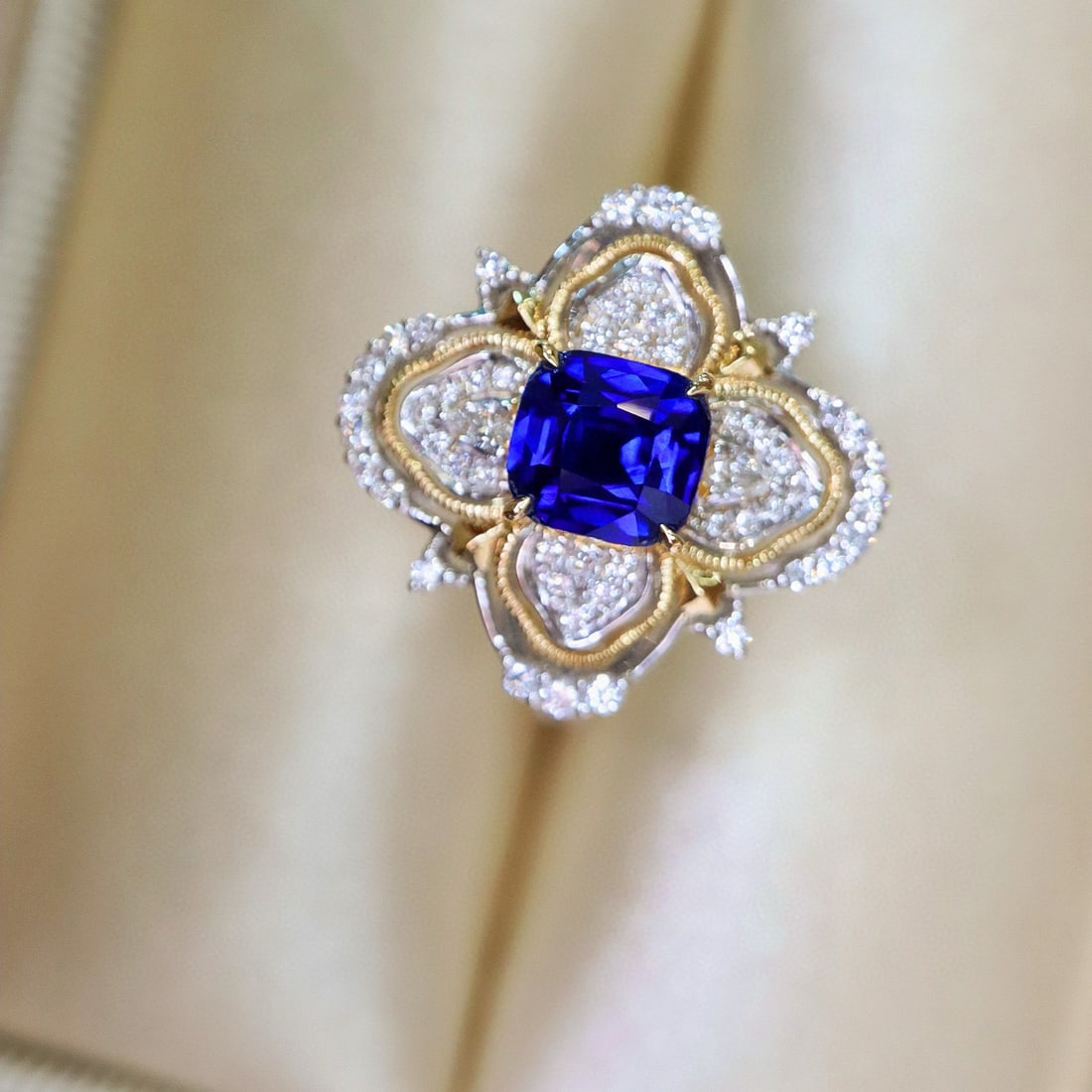 14k Gold 1.76 Ctw Natural Sapphire & Diamond Ring: Ref:231084346 // gold content:14k gold // ring size:7. 25us // // main gemstone:sapphire // shape:cushion // carat weight:1. 24ct // color:royal blue // treatment:natural // // adjacent gemstone 2 :