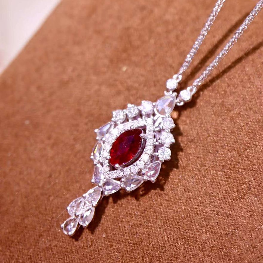 14k Gold 1.78 Ctw Vivid Red Natural Ruby & Diamond Necklace: Ref:231084377 // gold content:14k gold // main gemstone:ruby // shape:marquise // carat weight:1. 05ct // color:vivid red // treatment:natural // // adjacent gemstone 2 : diamond // shape:multiple //