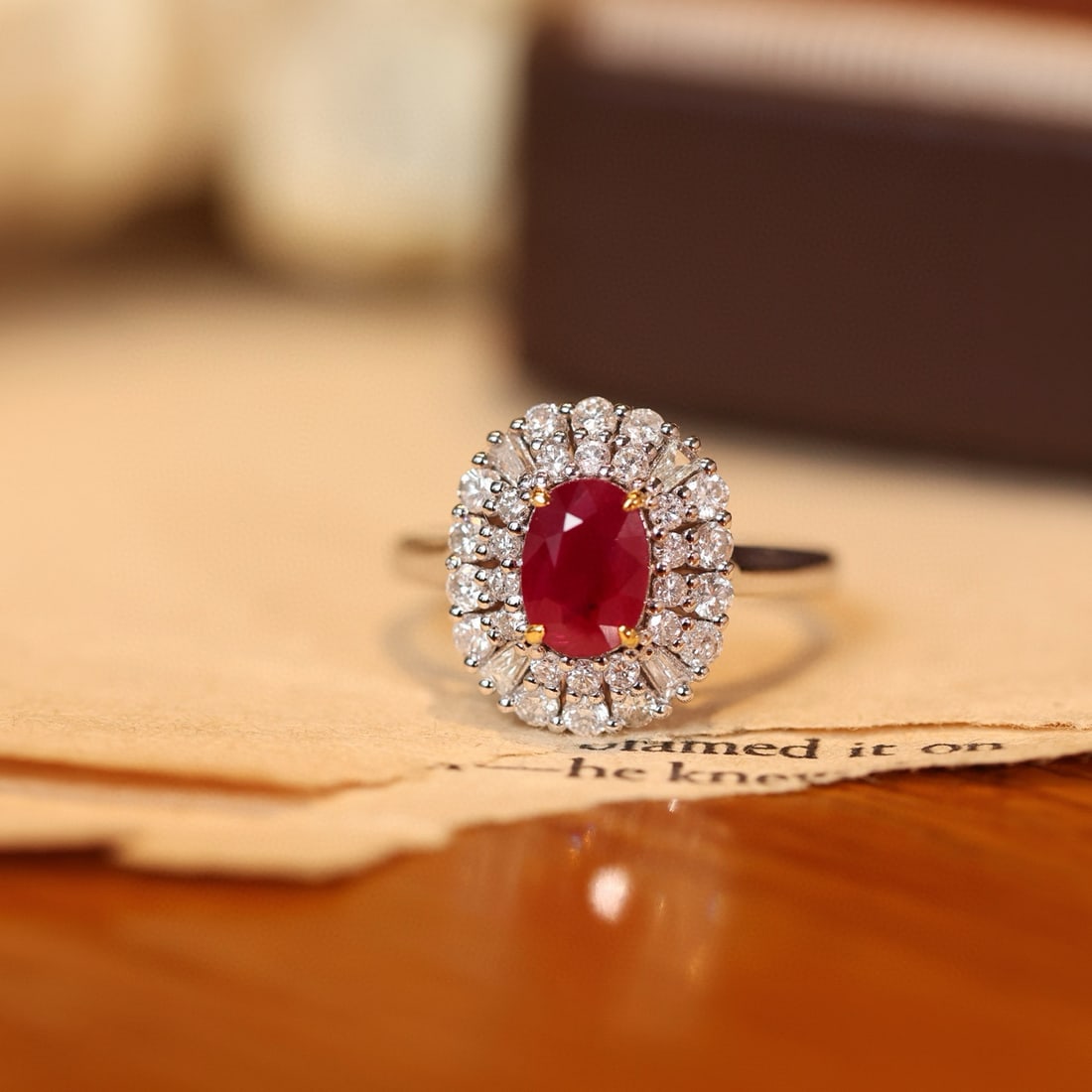 14k Gold 1.72 Ctw Vivid Red Natural Ruby & Diamond Ring: Ref:231084383 // gold content:14k gold // ring size:7. 25us // // main gemstone:ruby // shape:oval // carat weight:1. 05ct // color:vivid red // treatment:natural // // adjacent gemstone 2 : diamond