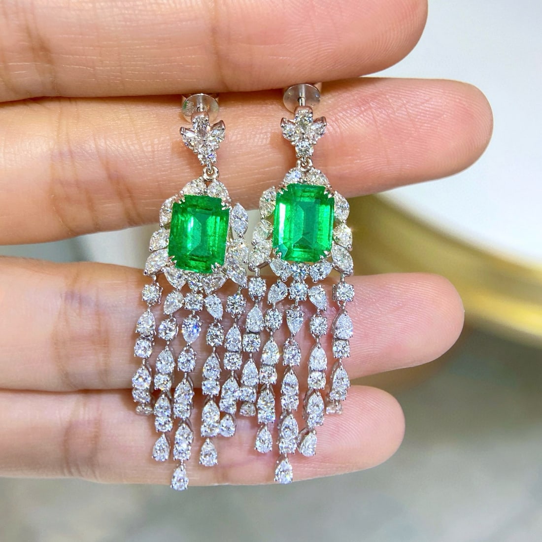 14k Gold 9.94 Ctw Vivid Green Natural Emerald & Diamond Earrings - 2