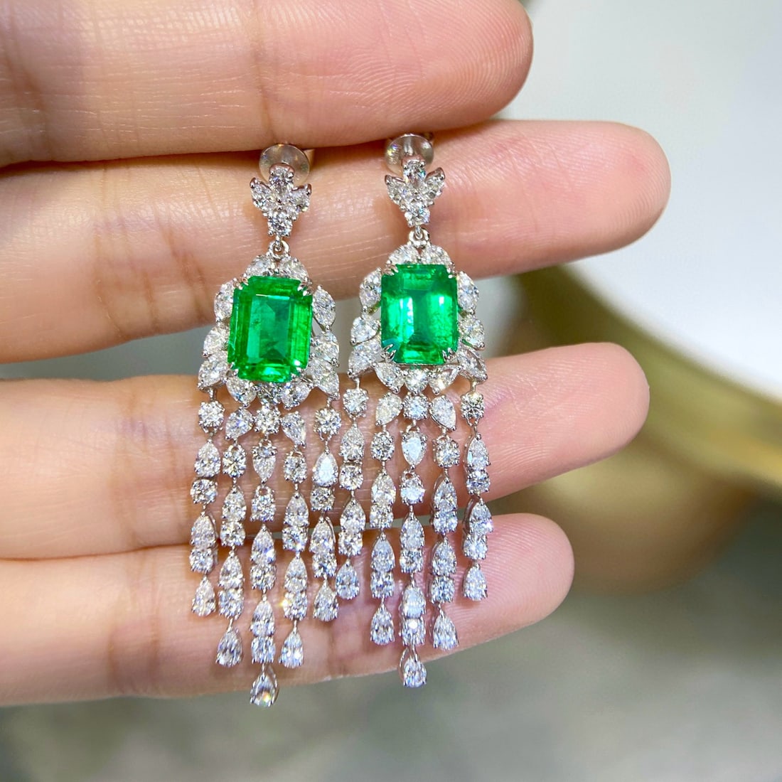 14k Gold 9.94 Ctw Vivid Green Natural Emerald & Diamond Earrings - 3