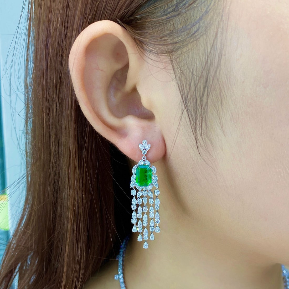 14k Gold 9.94 Ctw Vivid Green Natural Emerald & Diamond Earrings - 4