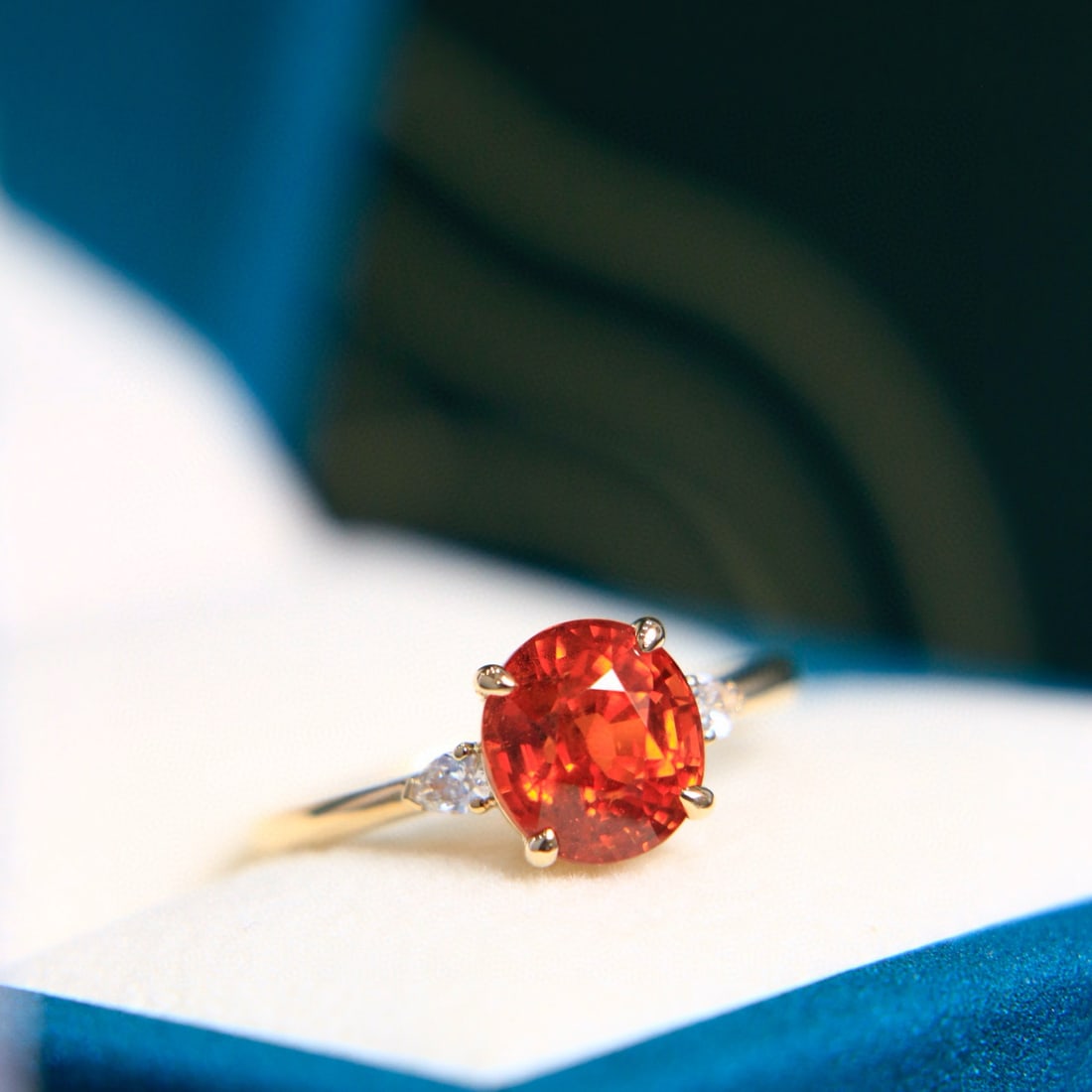14k Gold 3.91 Ctw Natural Spessartine & Diamond Ring: Ref:231084403 // gold content:14k gold // ring size:7. 25us // // main gemstone:spessartine // shape:oval // carat weight:3. 79ct // color:orange // treatment:natural // // adjacent gemstone 2 :