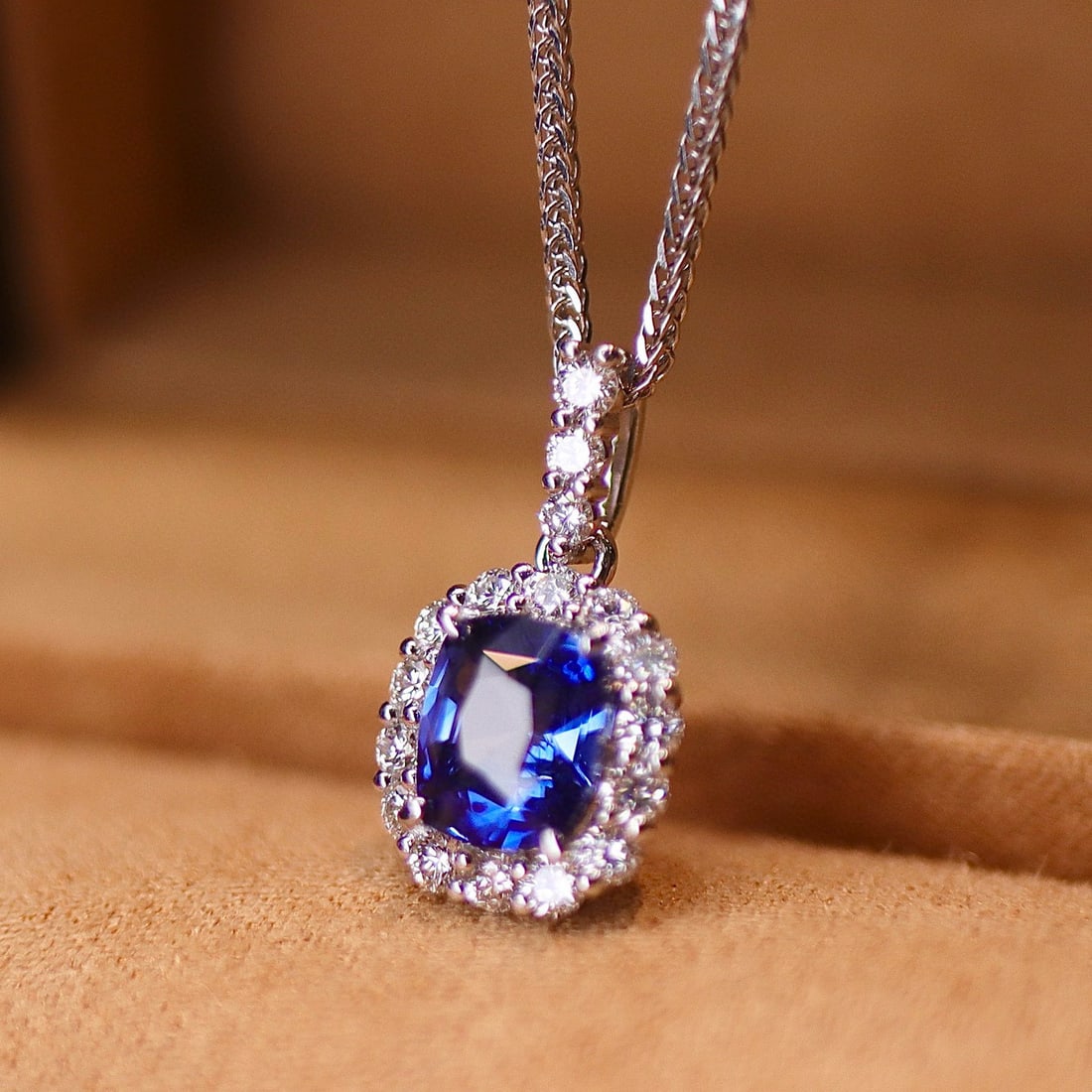 14k Gold 1.98 Ctw Natural Sapphire & Diamond Pendant( Without Chain ): Ref:231084419 // gold content:14k gold // main gemstone:sapphire // shape:cushion // carat weight:1. 55ct // color:royal blue // treatment:natural // // adjacent gemstone 2 : diamond // shape:round