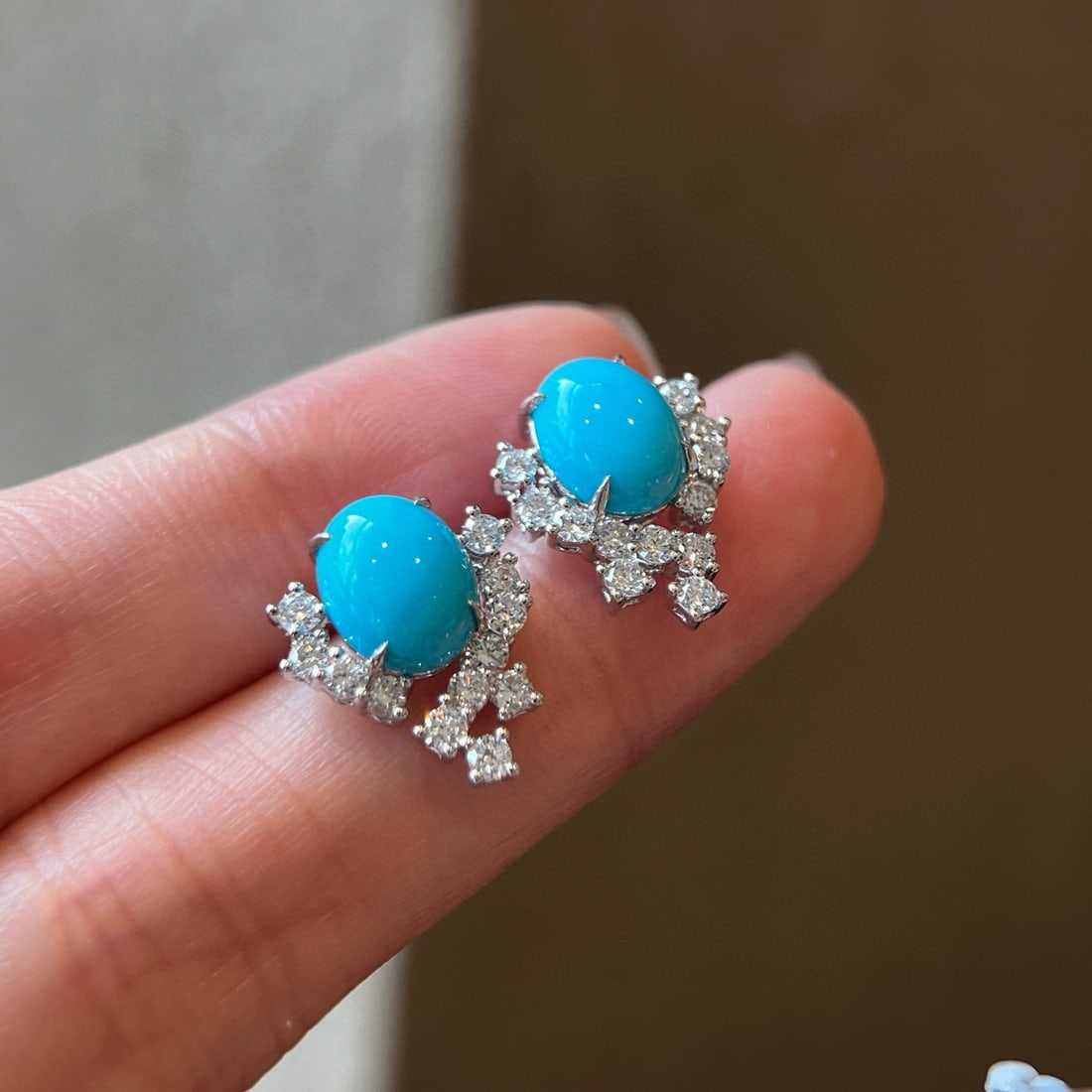 14k Gold 4.20 Ctw Natural Blue Turquoise & Lab Grown Diamond Earrings - 2