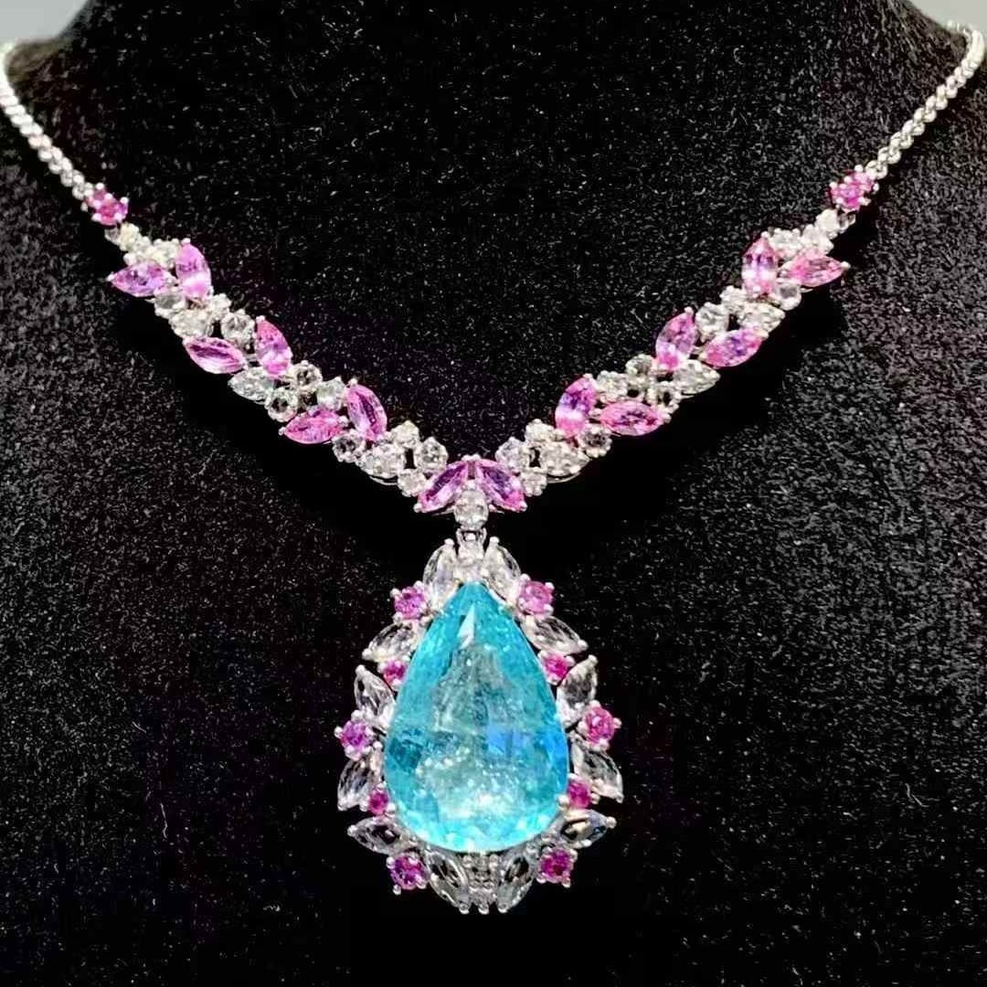 14k Gold 6.19 Ct Natural Paraiba Tourmaline & Diamond & Sapphire Necklace - 5