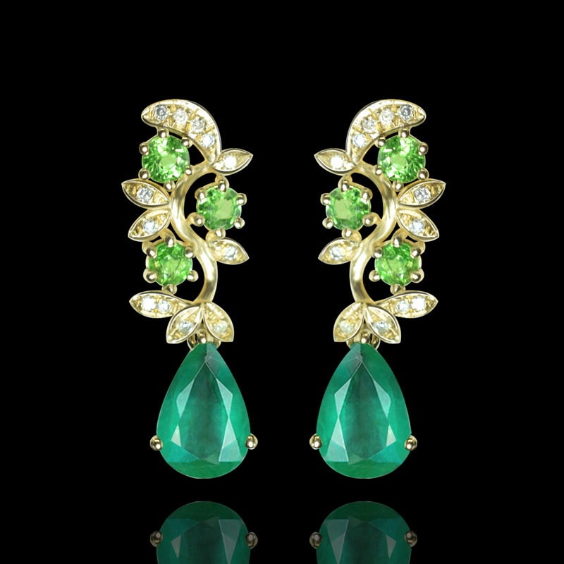 14k Gold 2.22 Ctw Natural Emerald & Diamond Earrings: Ref:231089029 // gold content:14k gold // main gemstone:emerald // shape:pear // carat weight:2. 15ct // color:green // treatment:natural // // adjacent gemstone 2 : diamond // number of stones:24 //