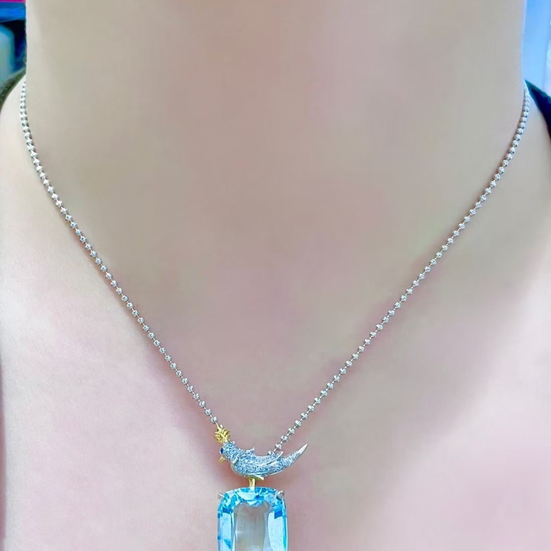 14k Gold 12 Ct Natural Aquamarine & Diamond Pendant( Without Chain ) - 2