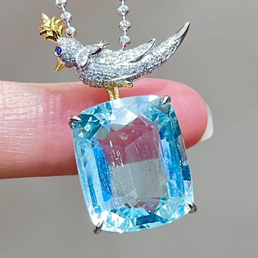 14k Gold 12 Ct Natural Aquamarine & Diamond Pendant( Without Chain ) - 3