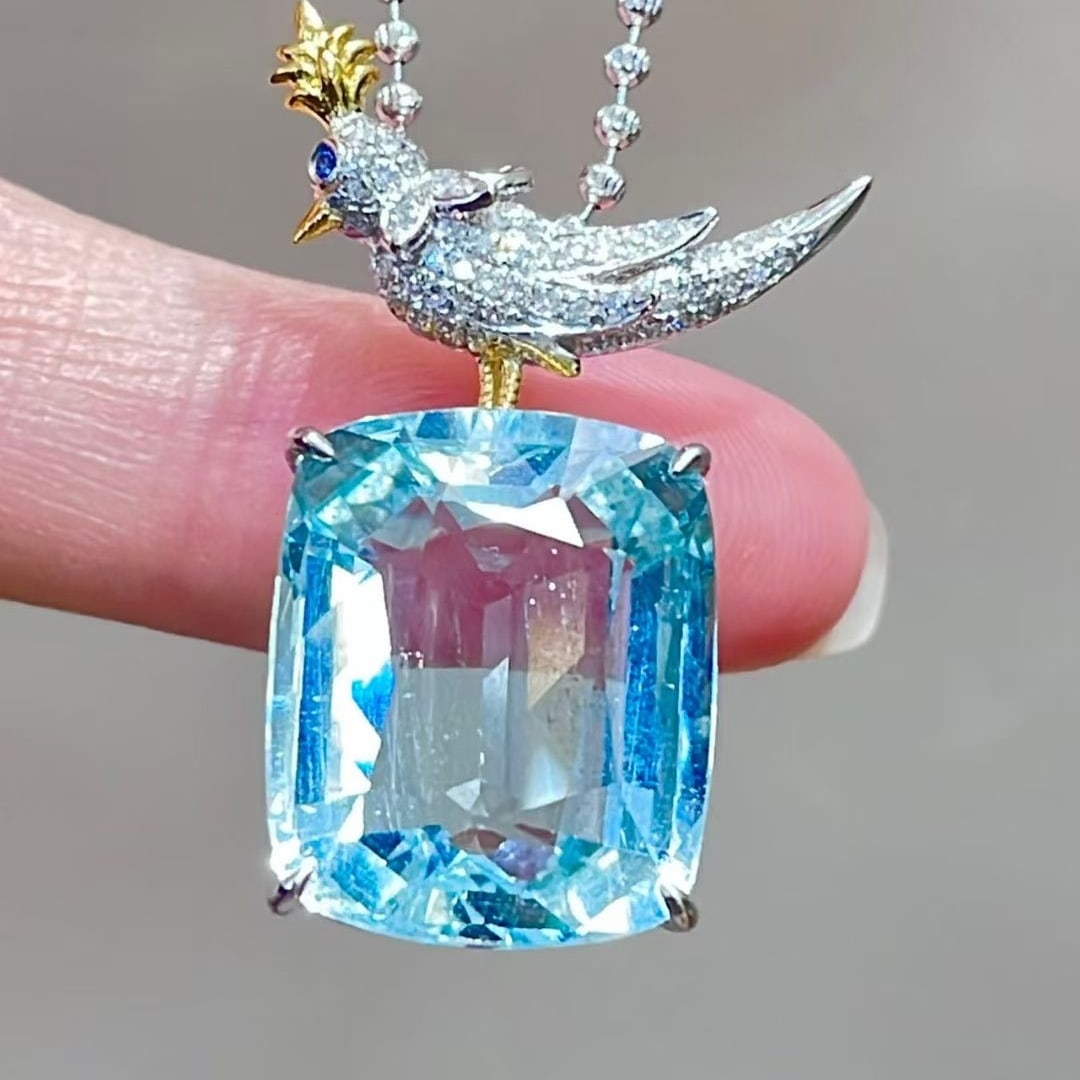 14k Gold 12 Ct Natural Aquamarine & Diamond Pendant( Without Chain ) - 4