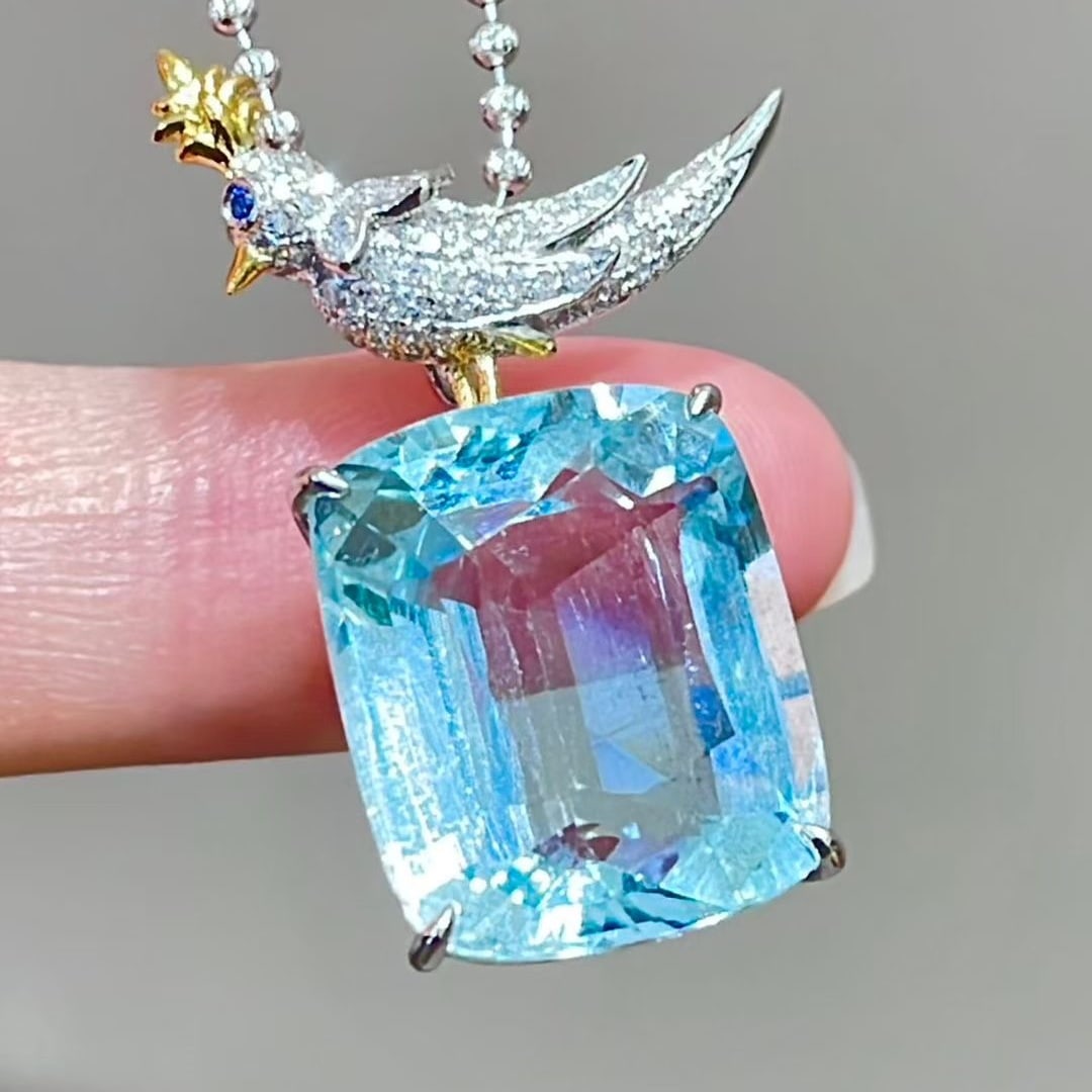 14k Gold 12 Ct Natural Aquamarine & Diamond Pendant( Without Chain ) - 5