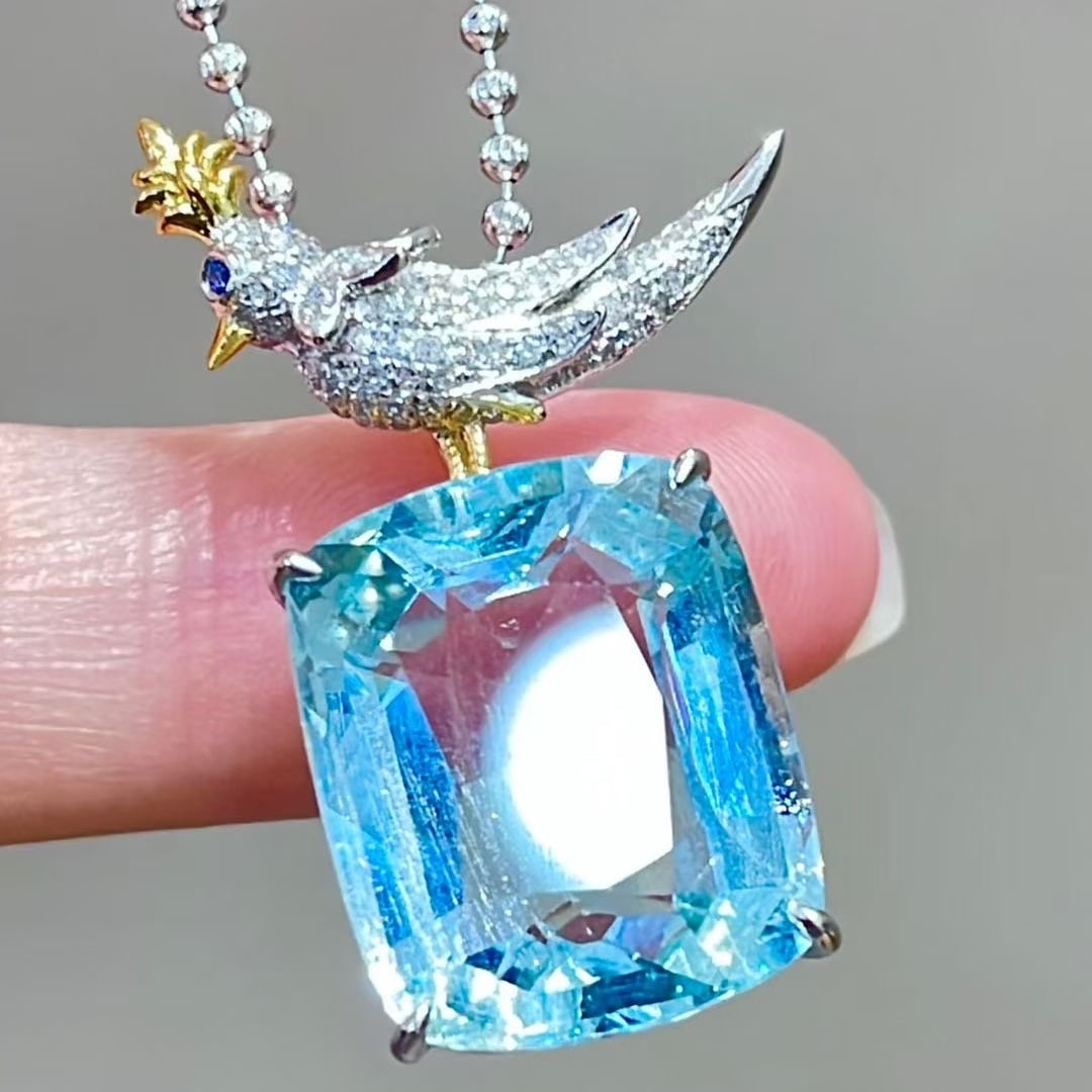 14k Gold 12 Ct Natural Aquamarine & Diamond Pendant( Without Chain ) - 6