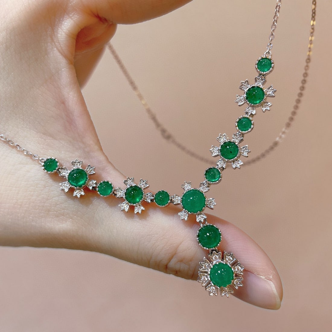 14k Gold 3.70 Ctw Vivid Green Natural Emerald & Diamond Necklace - 4