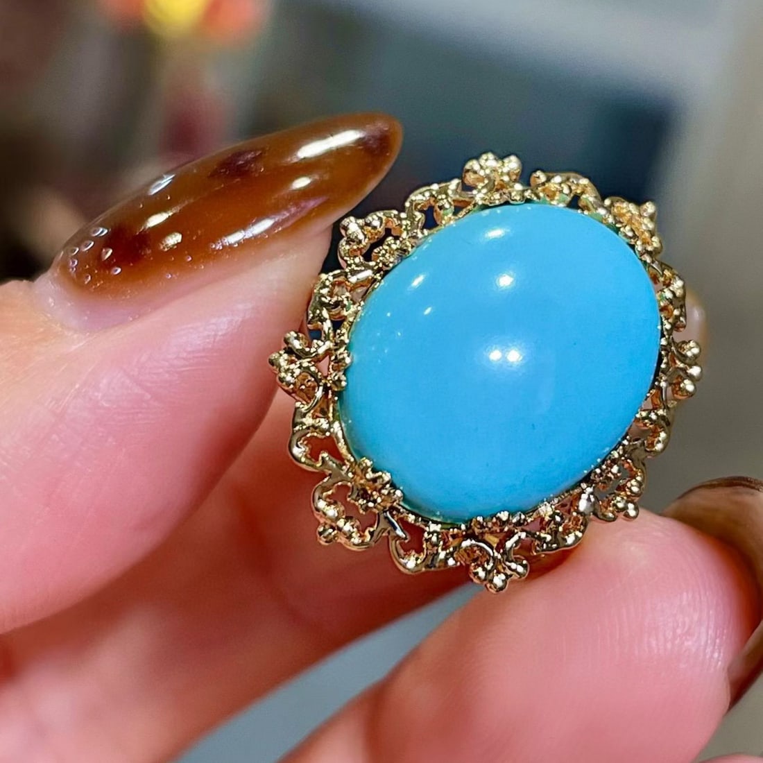 14k Gold 5.81 Ct Natural Blue Turquoise & Diamond Ring - 2