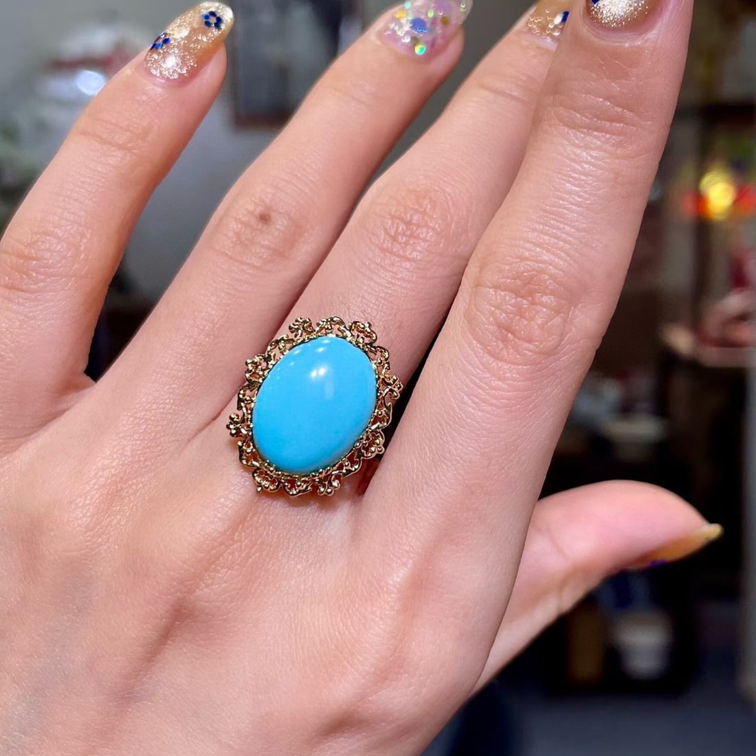 14k Gold 5.81 Ct Natural Blue Turquoise & Diamond Ring - 4