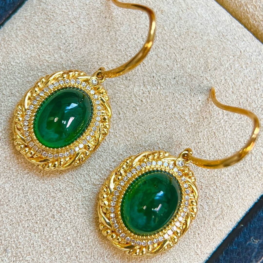 14k Gold 5.94 Ctw Vivid Green Natural Emerald & Diamond Earrings - 6