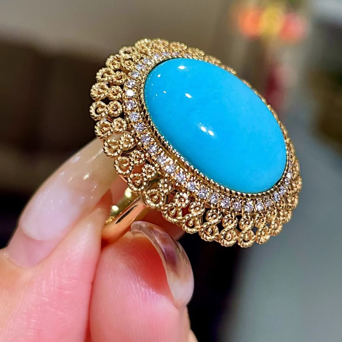 14k Gold 9.04 Ctw Natural Blue Turquoise & Diamond Ring - 2