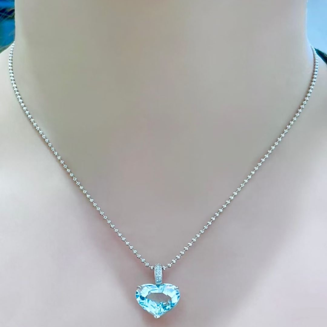 14k Gold 6.35 Ct Natural Aquamarine & Diamond Pendant( Without Chain ) - 6