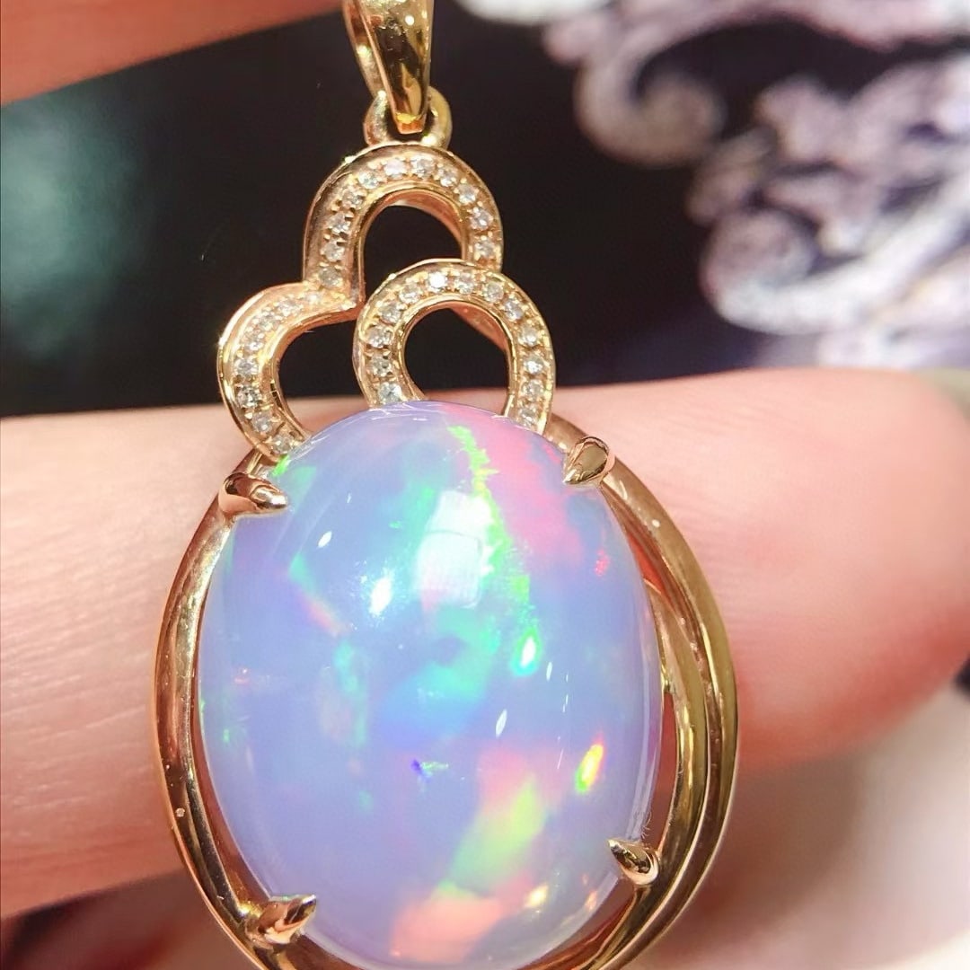 14k Gold 6 Ct Natural Opal & Diamond Pendant( Without Chain ) - 2