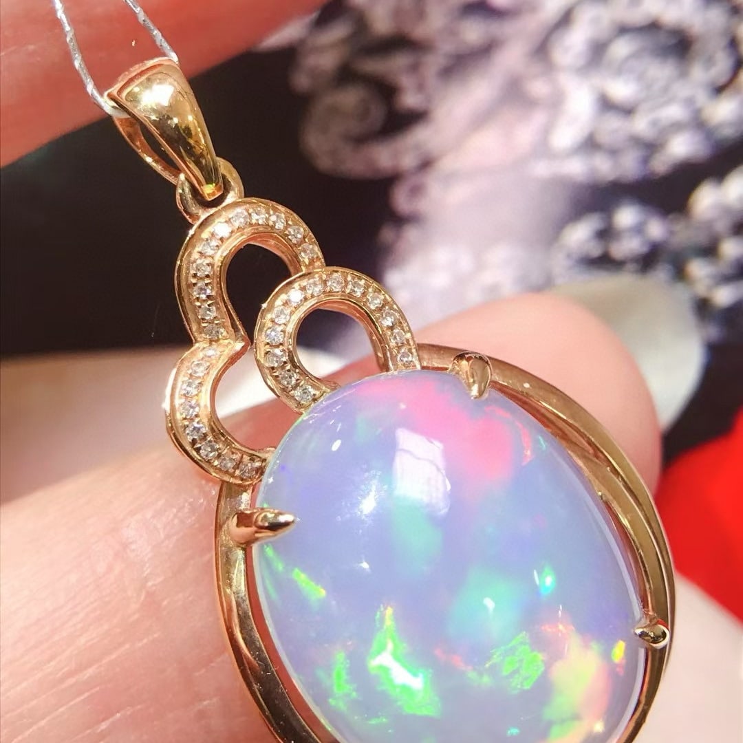 14k Gold 6 Ct Natural Opal & Diamond Pendant( Without Chain ) - 3