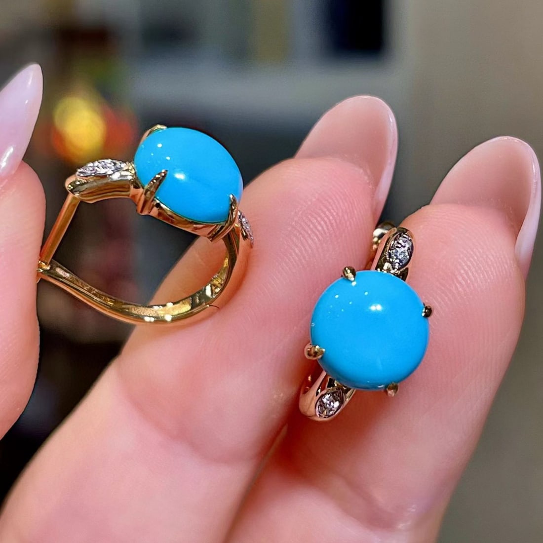 14k Gold 3.43 Ct Natural Blue Turquoise & Diamond Earrings - 3