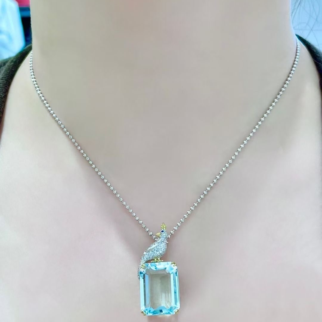 14k Gold 14 Ct Natural Aquamarine & Diamond Pendant( Without Chain ) - 4