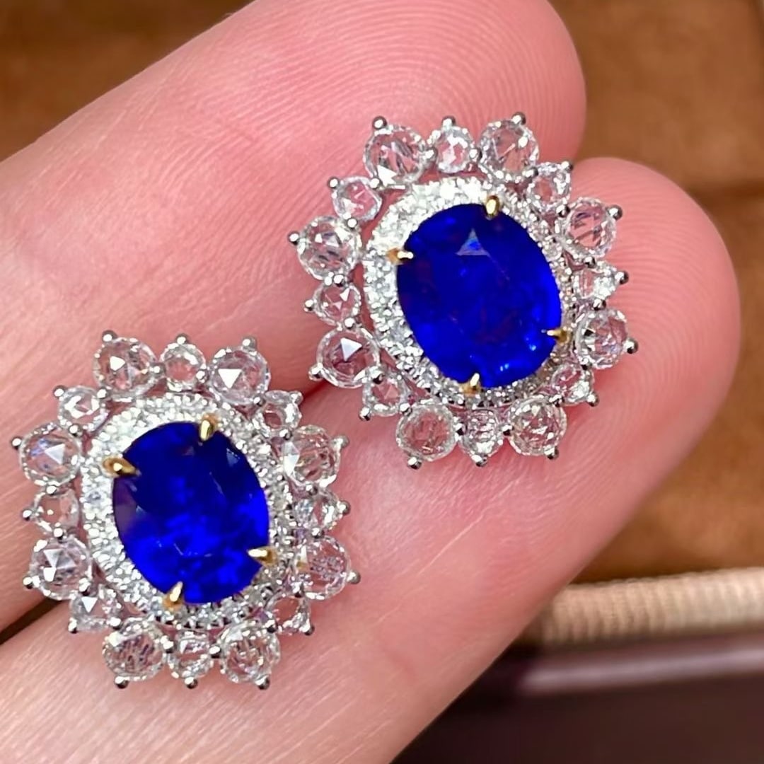 14k Gold 3.05 Ct Vivid Blue Natural Sapphire & Diamond & Sapphire Earrings - 6
