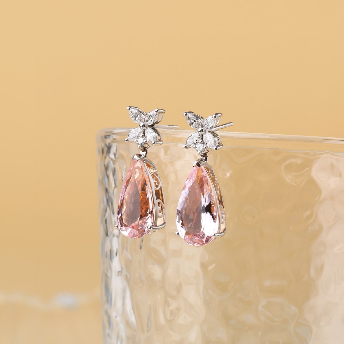 14k Gold 8.82 Ctw Natural Morganite & Diamond Earrings: Ref:231090006 // gold content:14k gold // main gemstone:morganite // shape:pear // carat weight:8. 13ct // color:pink // treatment:natural // // adjacent gemstone 2 : diamond // shape:multiple // cara