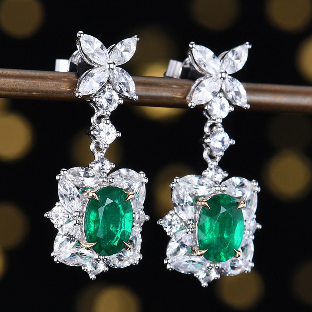 14k Gold 3.93 Ctw Vivid Green Natural Emerald & Sapphire Earrings - 3