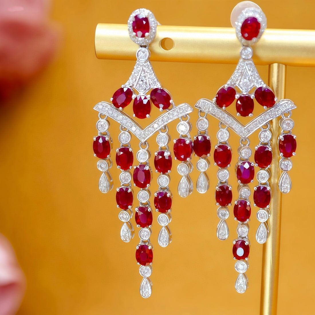 14k Gold 5.65 Ctw Natural Ruby & Diamond Earrings: Ref:231090015 // gold content:14k gold // main gemstone:ruby // shape:oval // carat weight:4. 98ct // color:pigeonblood red // treatment:natural // // adjacent gemstone 2 : diamond // number of