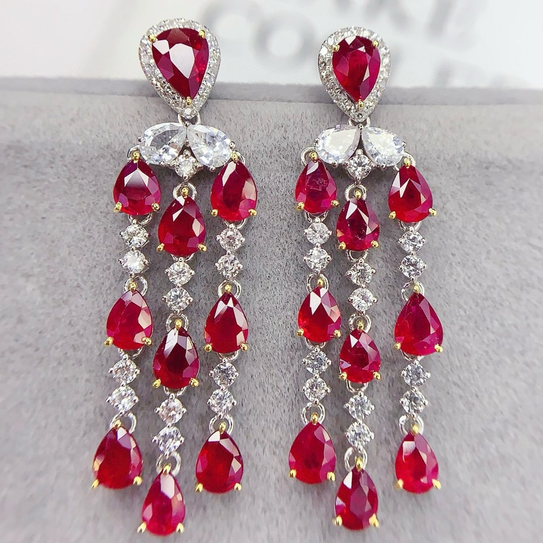 14k Gold 6.93 Ct Natural Ruby & Diamond & Sapphire Earrings - 4