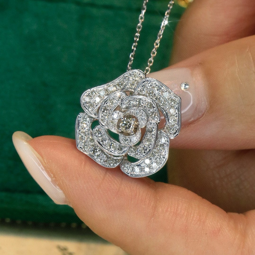 14k Gold 1 Ct Natural H Diamond & Flowers Necklace - 2