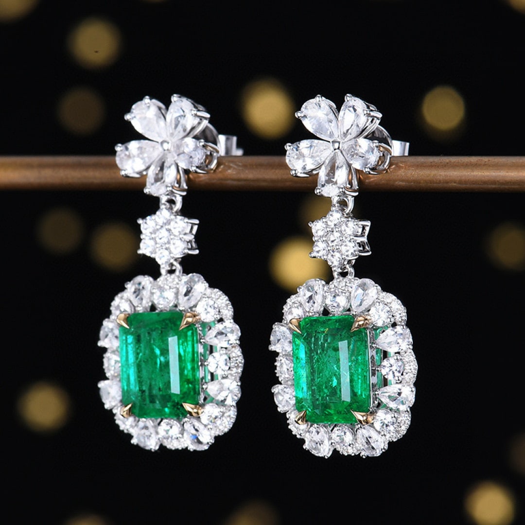 14k Gold 3.89 Ctw Vivid Green Natural Emerald & Diamond Earrings - 2