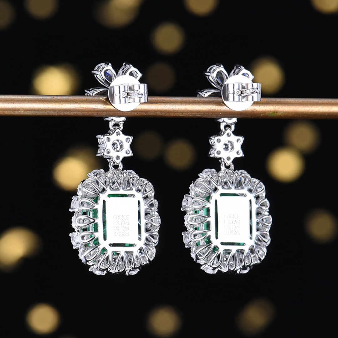 14k Gold 3.89 Ctw Vivid Green Natural Emerald & Diamond Earrings - 4