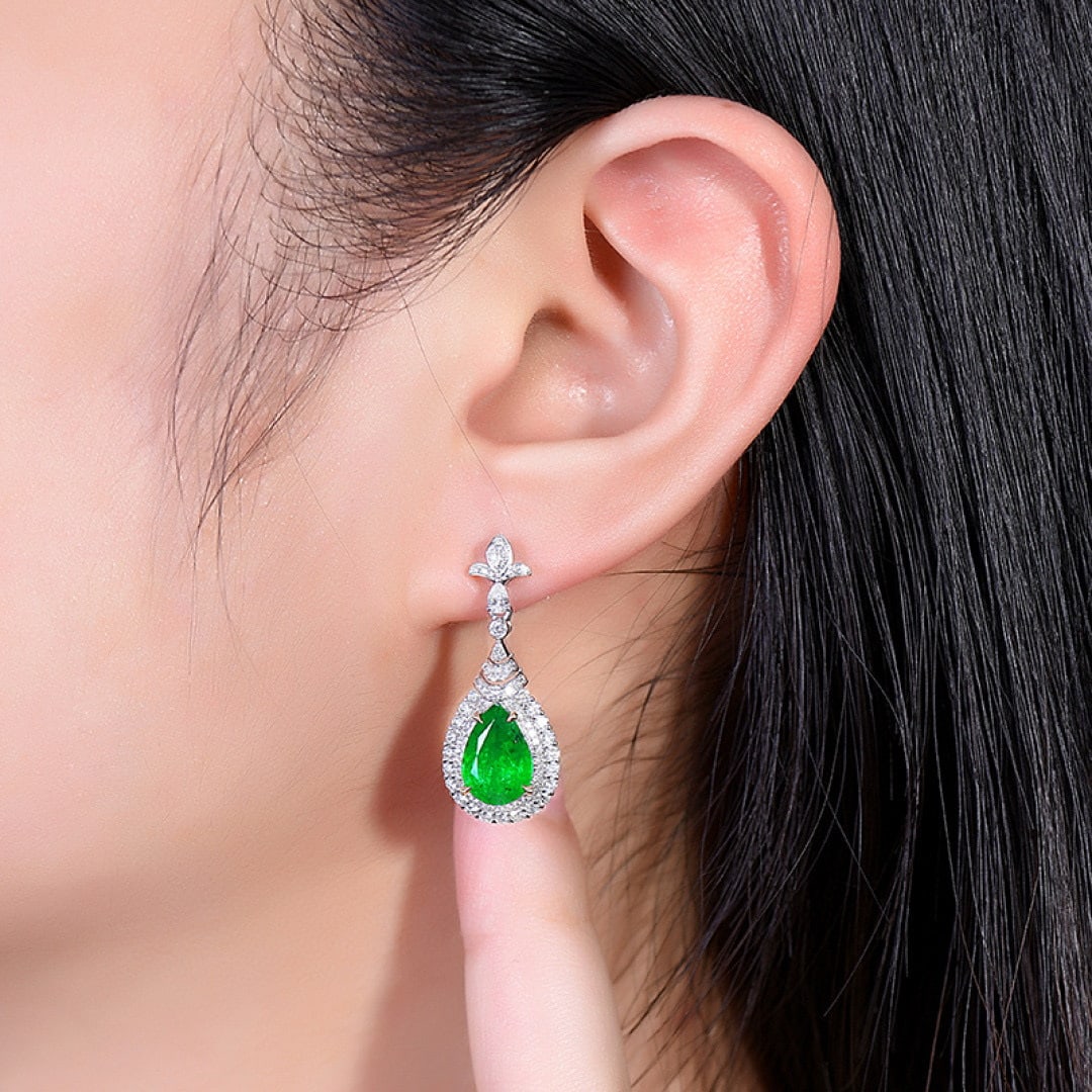 14k Gold 4.72 Ctw Vivid Green Natural Emerald & Diamond Earrings - 6