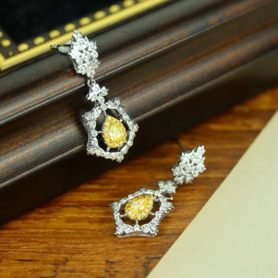 14k Gold 0.66 Ctw Natural Yellow Diamond & Diamond Earrings - 2