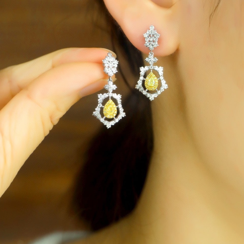 14k Gold 0.66 Ctw Natural Yellow Diamond & Diamond Earrings - 6