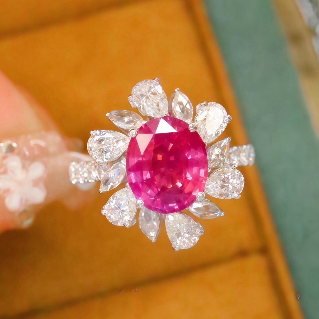 14k Gold 3.37 Ctw Natural Padparadscha Sapphire & Diamond Ring: Ref:231090103 // gold content:14k gold // ring size:7. 25us // // main gemstone:padparadscha sapphire // shape:oval // carat weight:2. 15ct // color:orangish pink // treatment:natural // // adjacent