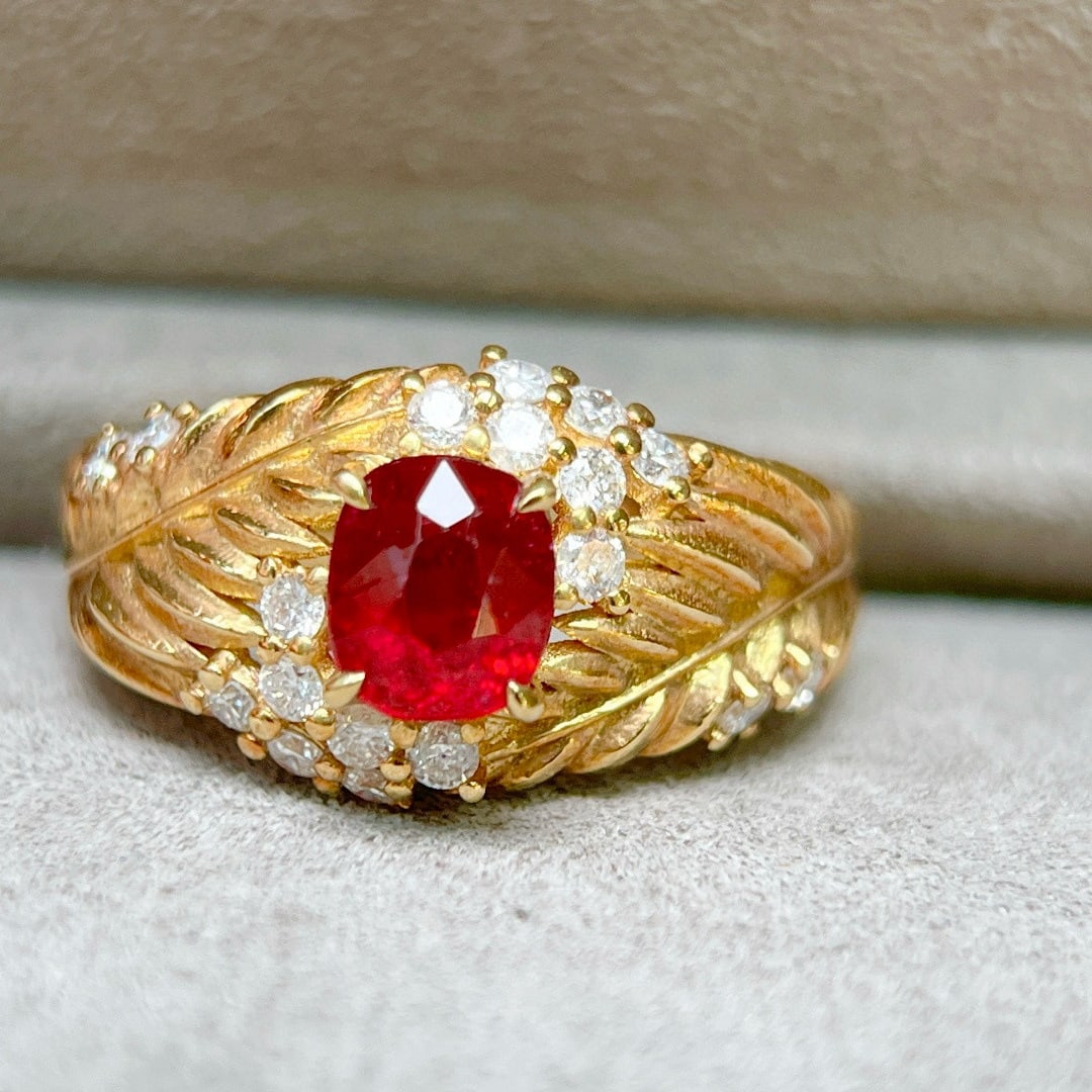 14k Gold 1.41 Ctw Natural Ruby & Diamond Ring: Ref:231090107 // gold content:14k gold // ring size:7. 25us // // main gemstone:ruby // shape:cushion // carat weight:1. 03ct // color:pigeonblood red // treatment:natural // // adjacent gemstone 2 :