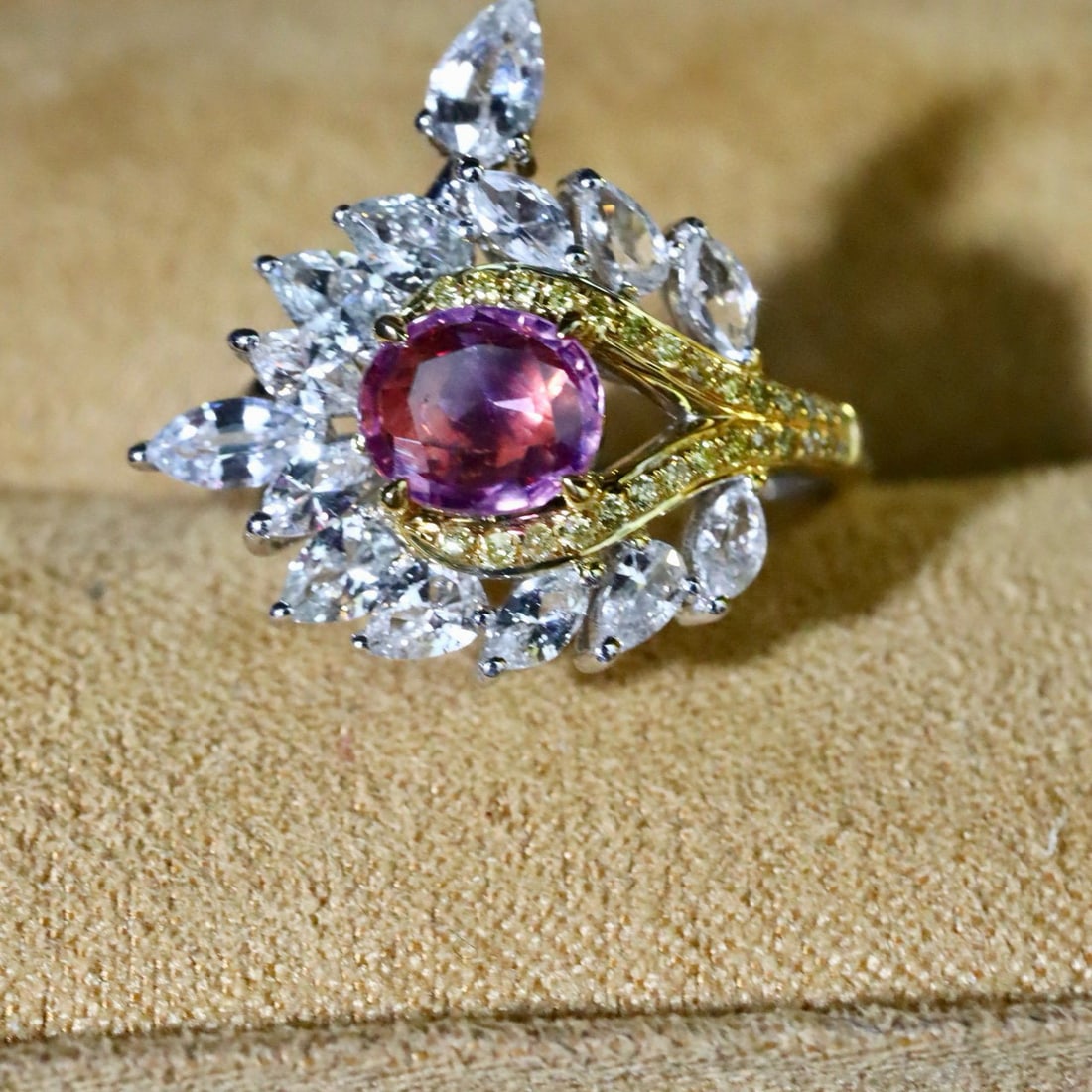 14k Gold 0.87 Ctw Natural Padparadscha Sapphire & Diamond Ring: Ref:231090110 // gold content:14k gold // ring size:7. 25us // // main gemstone:padparadscha sapphire // shape:oval // carat weight:0. 76ct // color:orangish pink // treatment:natural // // adjacent