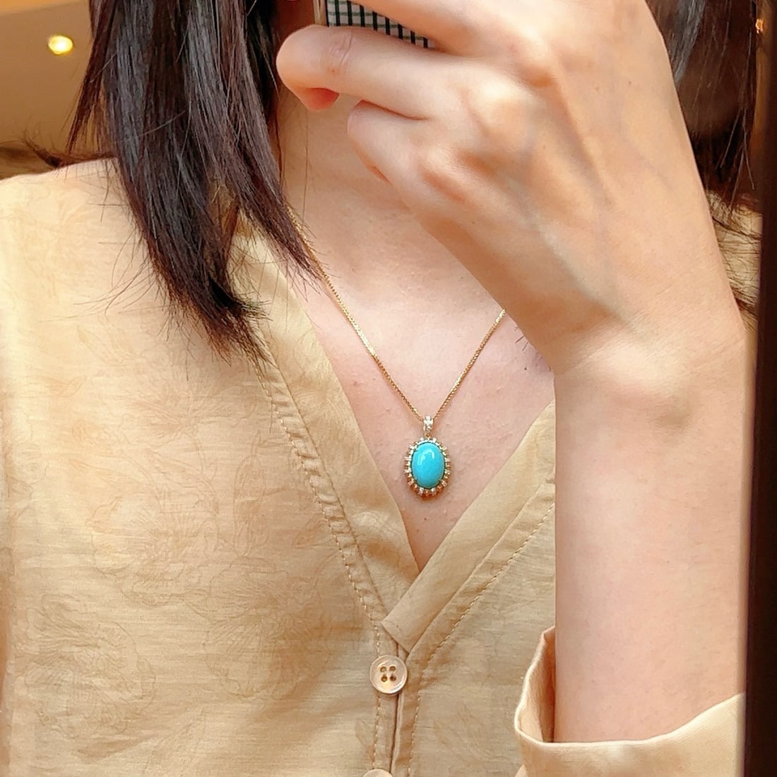 14k Gold 4.77 Ctw Natural Blue Turquoise & Diamond Pendant( Without Chain ) - 4
