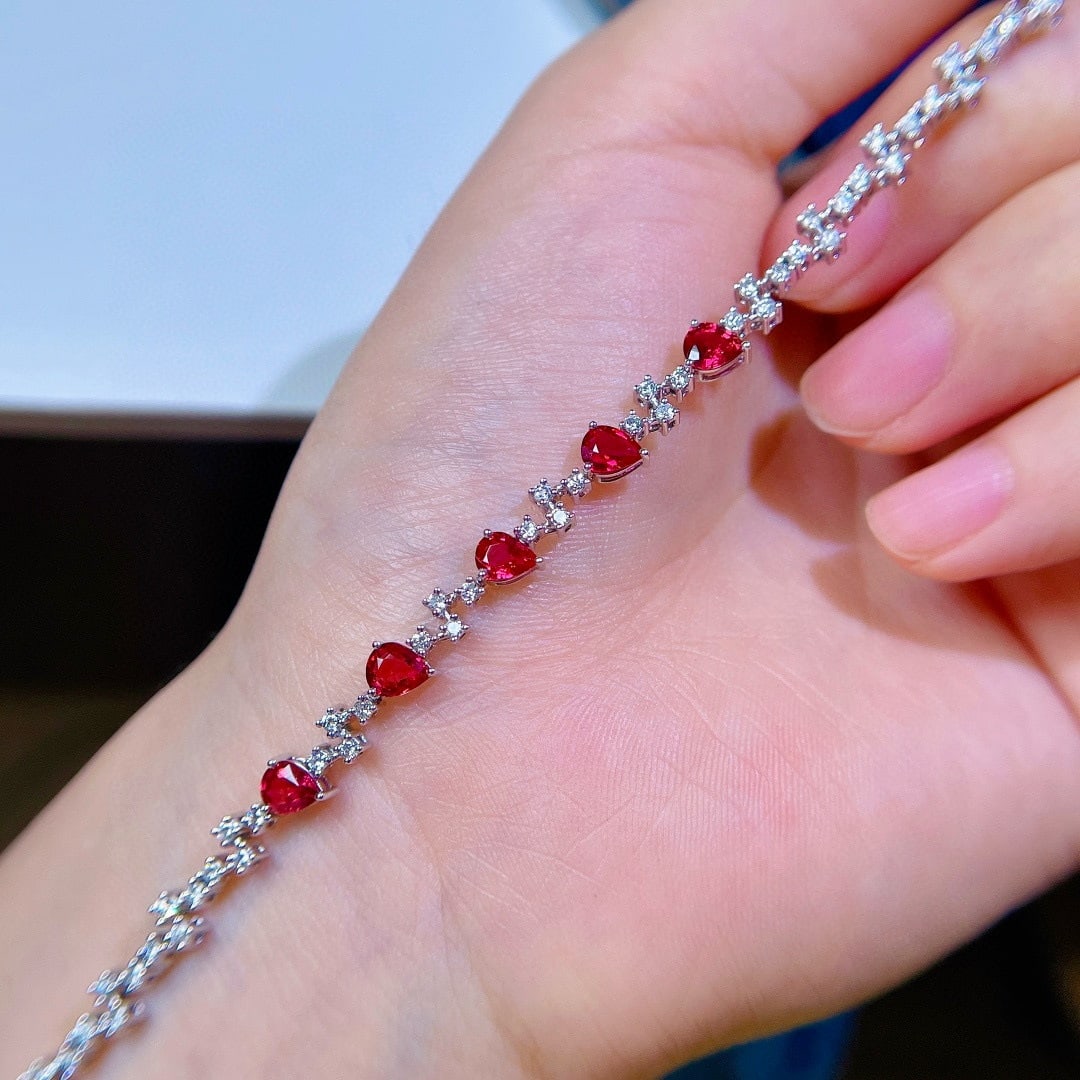14k Gold 3.09 Ctw Natural Ruby & Diamond Bracelet - 7