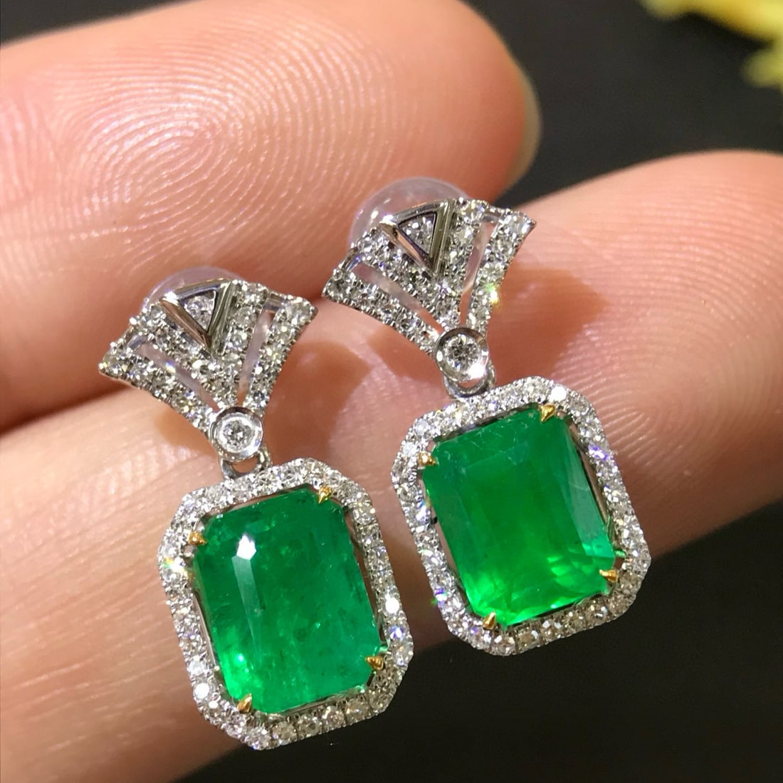 14k Gold 3.61 Ctw Vivid Green Natural Emerald & Diamond Earrings - 2