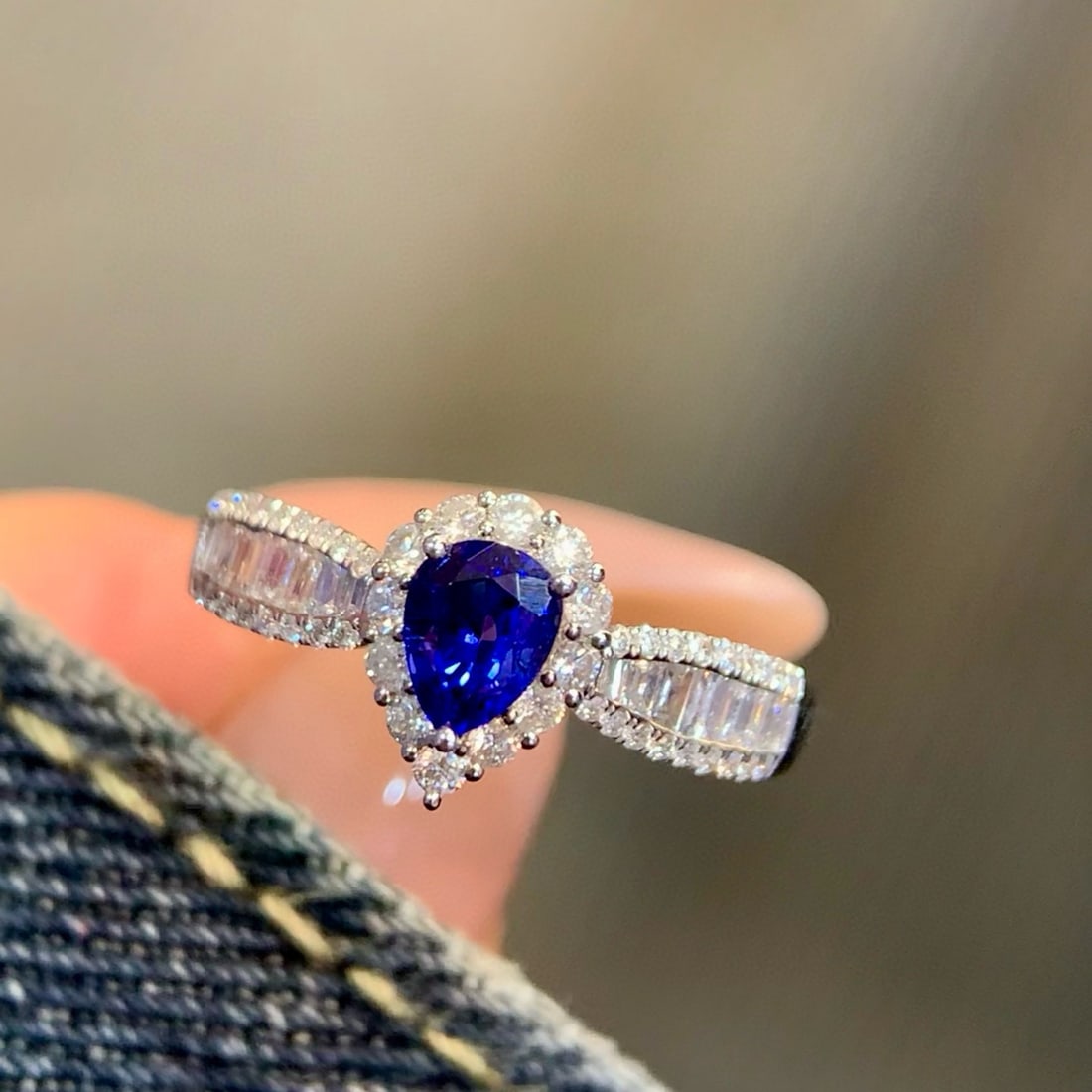 14k Gold 1.17 Ctw Natural Sapphire & Diamond Ring: Ref:231090179 // gold content:14k gold // ring size:7. 25us // // main gemstone:sapphire // shape:pear // carat weight:0. 66ct // color:royal blue // treatment:natural // // adjacent gemstone 2 :
