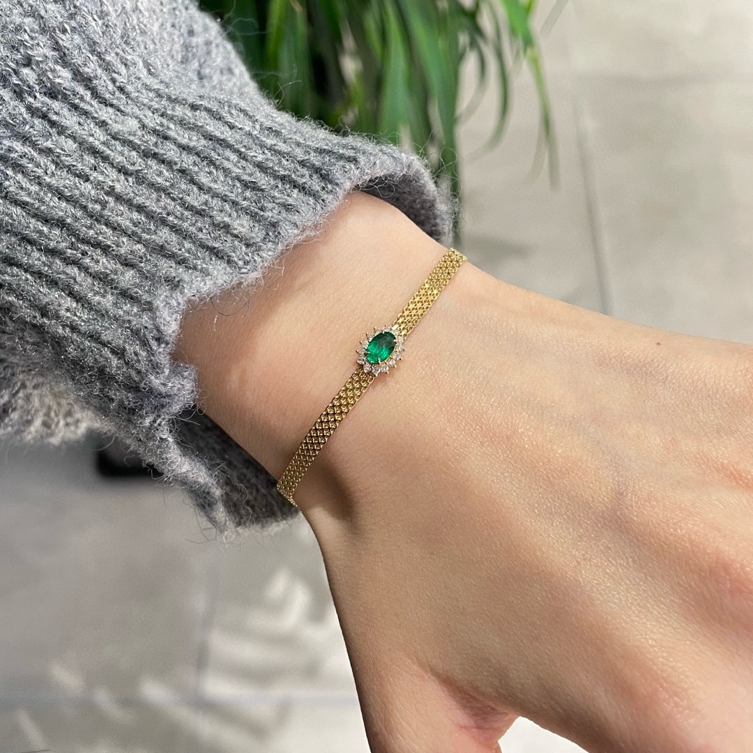 14k Gold 0.43 Ct Vivid Green Natural Emerald & Diamond Bracelet - 5