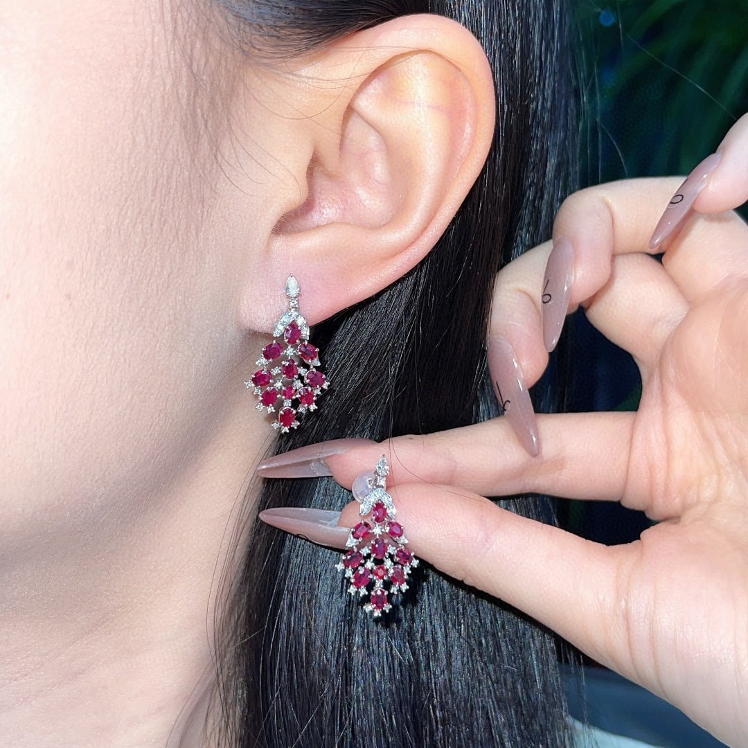 14k Gold 2 Ct Natural Ruby & Diamond Earrings - 4