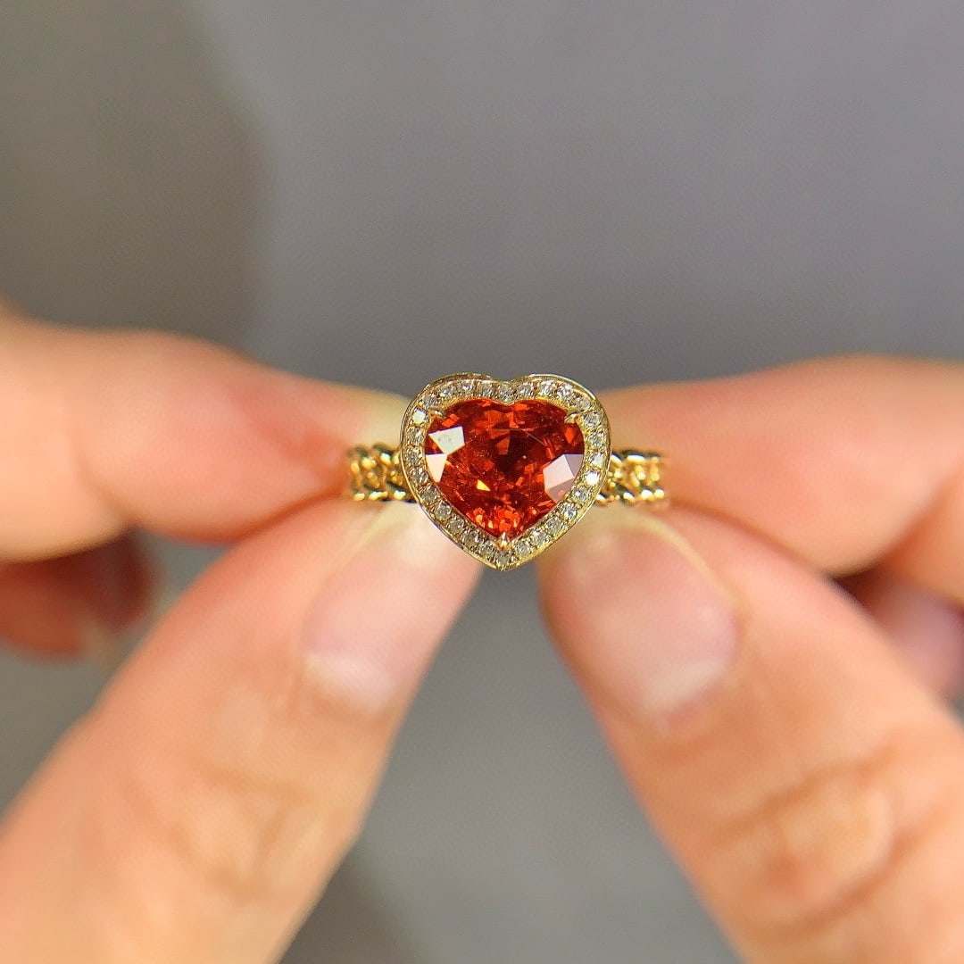 14k Gold 2.37 Ctw Natural Spessartine & Diamond Ring: Ref:231090228 // gold content:14k gold // ring size:7. 25us // // main gemstone:spessartine // shape:heart // carat weight:2. 25ct // color:orange // treatment:natural // // adjacent gemstone 2 :