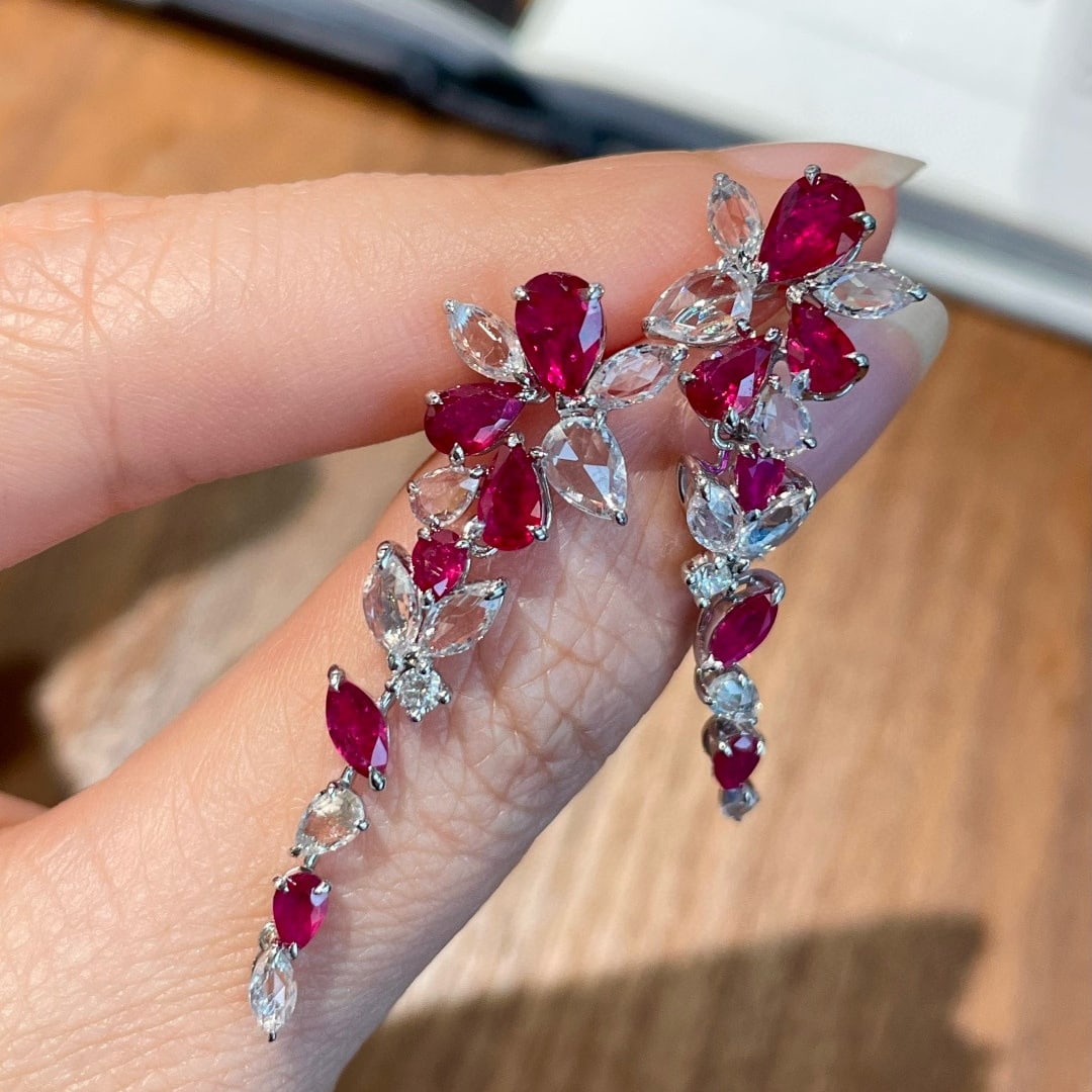 14k Gold 2.5 Ct Natural Ruby & Sapphire & Diamond Earrings - 2