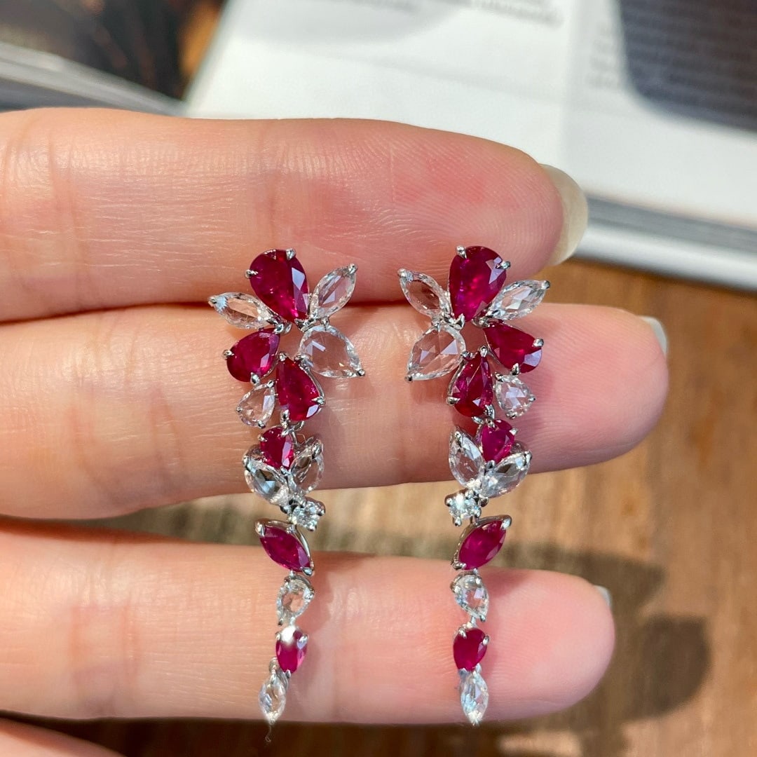 14k Gold 2.5 Ct Natural Ruby & Sapphire & Diamond Earrings - 3