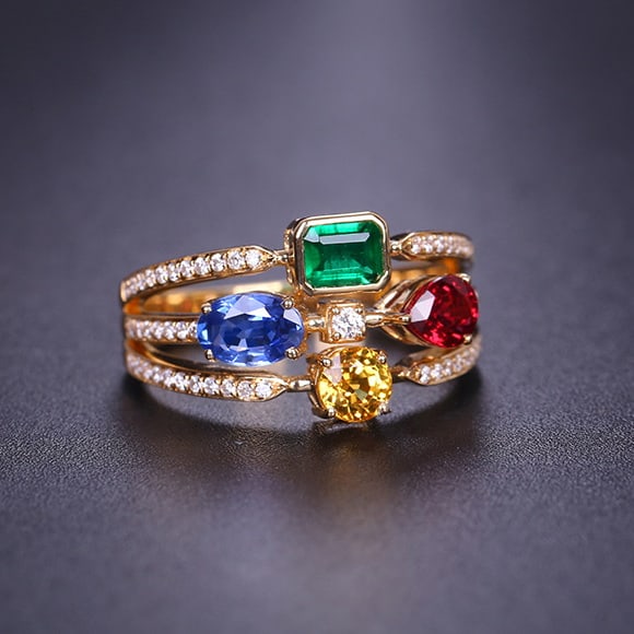 14k Gold 1.85 Ctw Natural Emerald & Sapphire & Spinel & Diamond Ring - 2